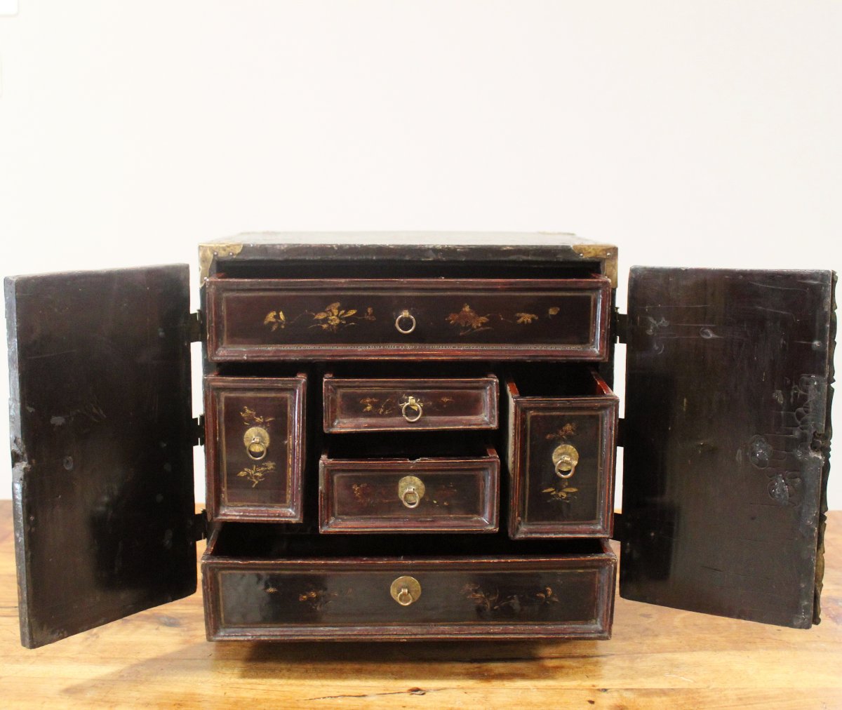 Antico monetiere cabinet portagioie da viaggio in legno laccato e dipinto - 19°secolo-photo-4