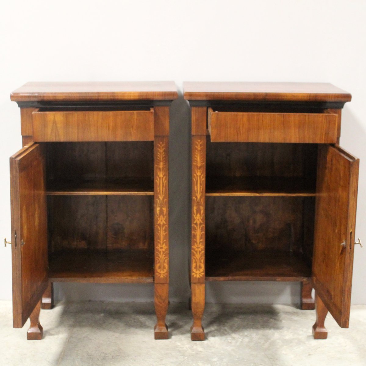 Antica coppia comodini Impero in noce intarsiati - Italia 19°secolo-photo-4