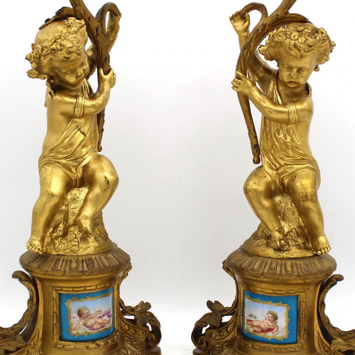 Antica Coppia di Candelieri Candelabri Napoleone III in bronzo dorato e porcellane dipinte - 19°secolo-photo-4