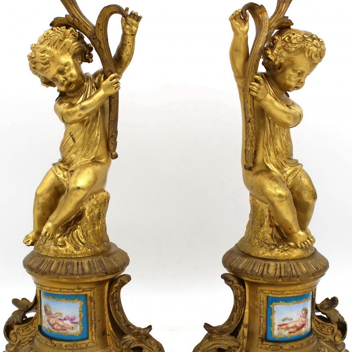 Antica Coppia di Candelieri Candelabri Napoleone III in bronzo dorato e porcellane dipinte - 19°secolo-photo-1