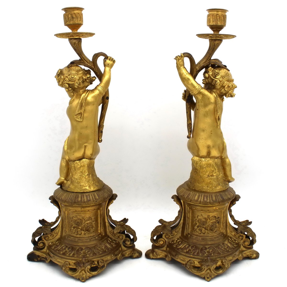 Antica Coppia di Candelieri Candelabri Napoleone III in bronzo dorato e porcellane dipinte - 19°secolo-photo-3
