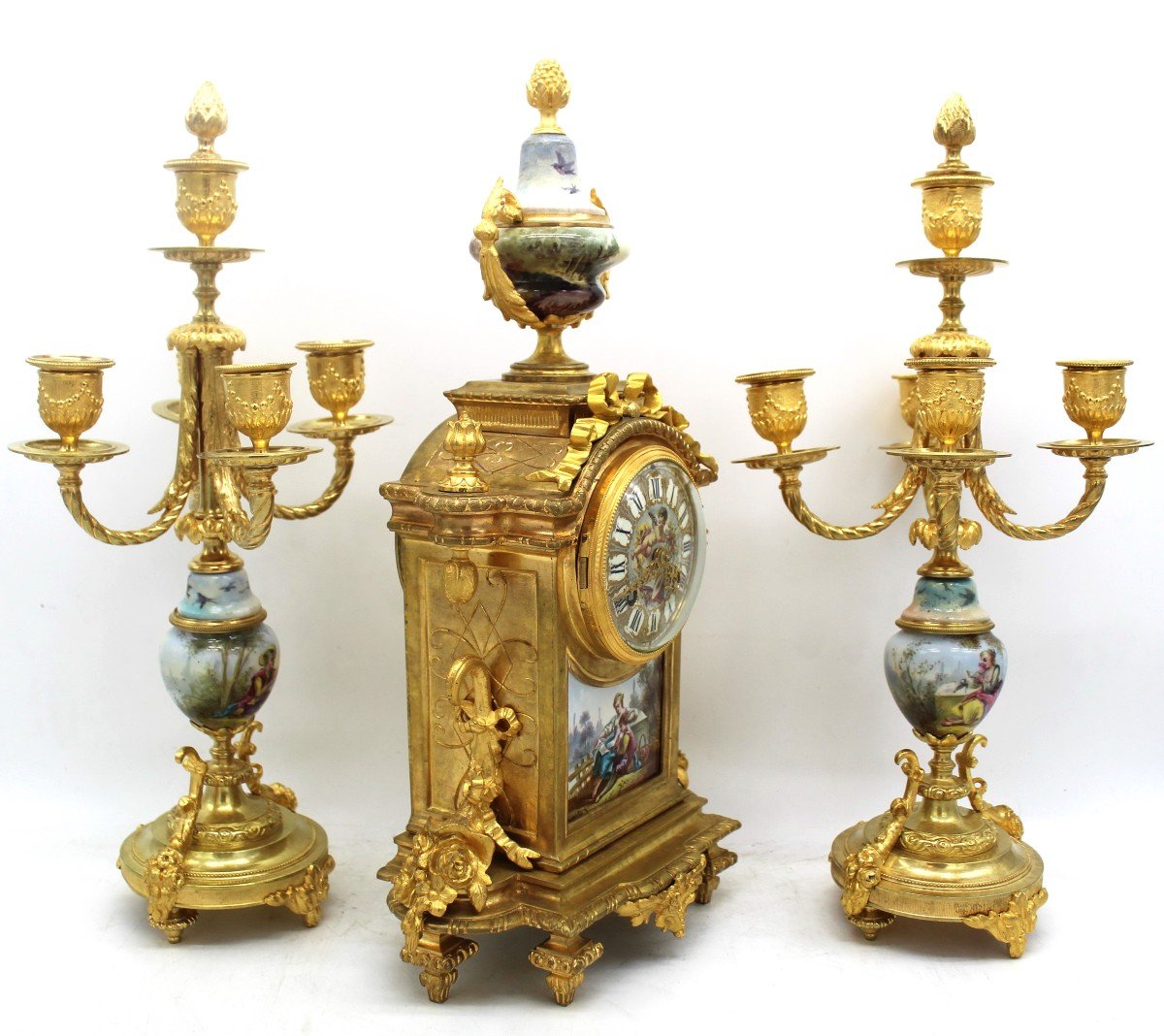 Antico Orologio a Pendolo con Candelabri Napoleone III in bronzo dorato e porcellana - 19°secolo firmato-photo-2