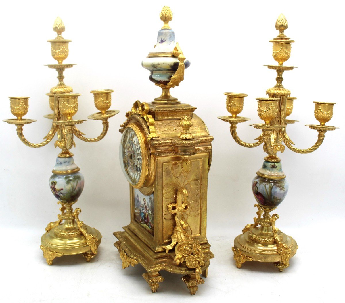 Antico Orologio a Pendolo con Candelabri Napoleone III in bronzo dorato e porcellana - 19°secolo firmato-photo-3