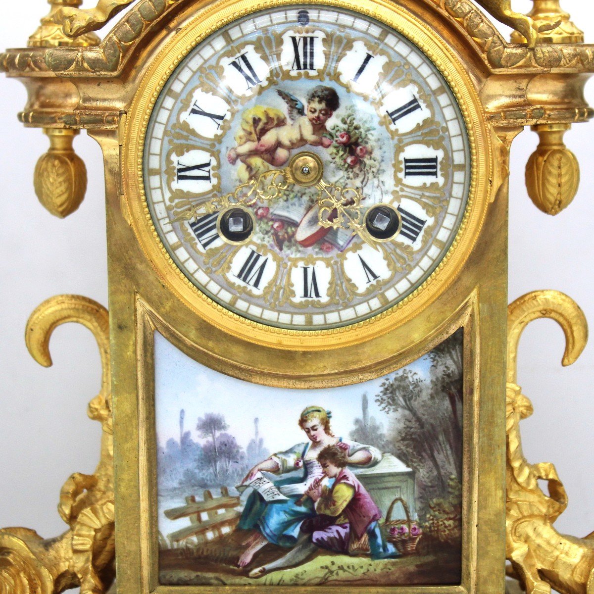 Antico Orologio a Pendolo con Candelabri Napoleone III in bronzo dorato e porcellana - 19°secolo firmato-photo-1