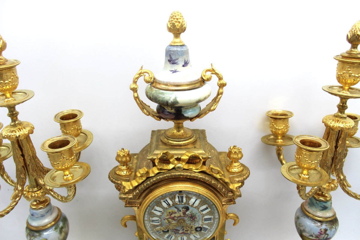 Antico Orologio a Pendolo con Candelabri Napoleone III in bronzo dorato e porcellana - 19°secolo firmato-photo-3