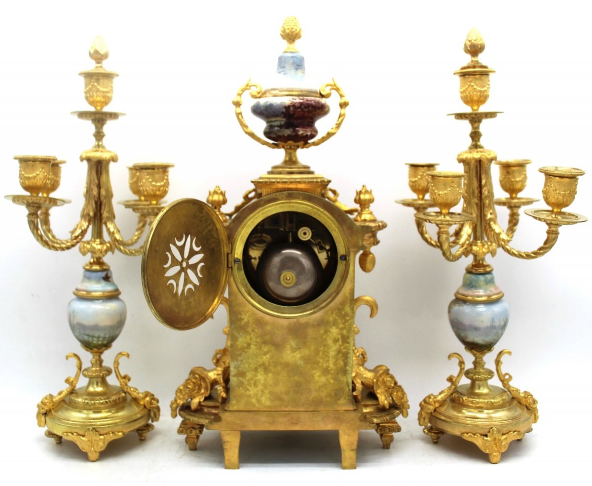 Antico Orologio a Pendolo con Candelabri Napoleone III in bronzo dorato e porcellana - 19°secolo firmato-photo-6