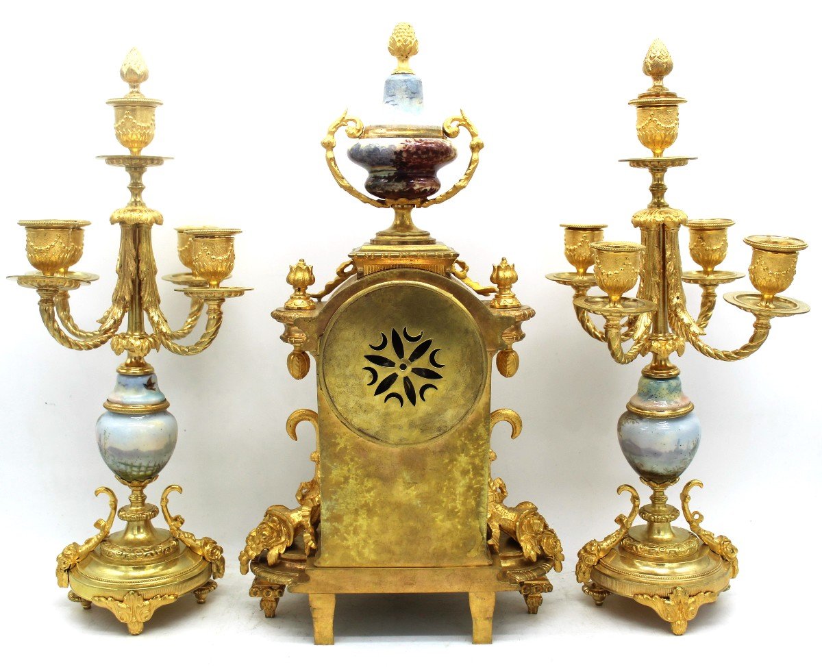 Antico Orologio a Pendolo con Candelabri Napoleone III in bronzo dorato e porcellana - 19°secolo firmato-photo-7