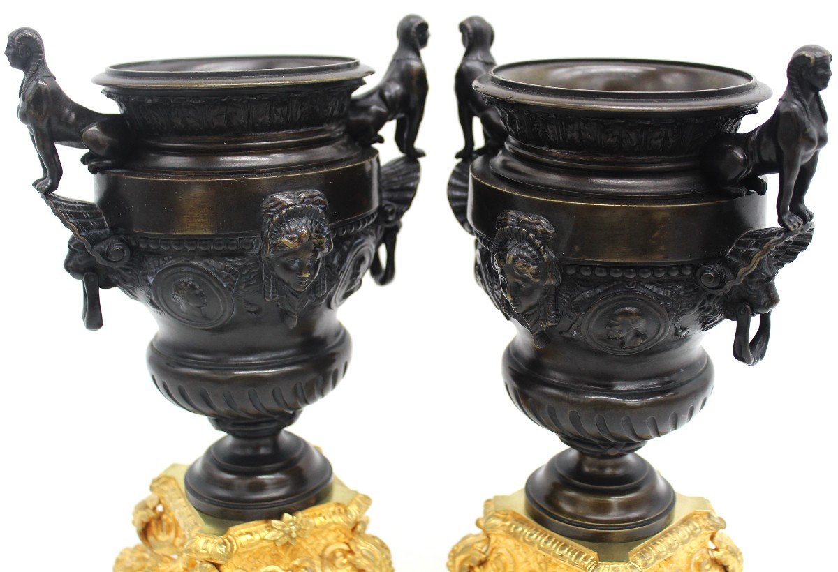 Antica coppia di Vasi Coppe Cassolettes Napoleone III in bronzo - 19°secolo-photo-1