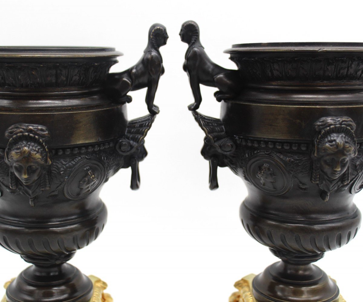 Antica coppia di Vasi Coppe Cassolettes Napoleone III in bronzo - 19°secolo-photo-3
