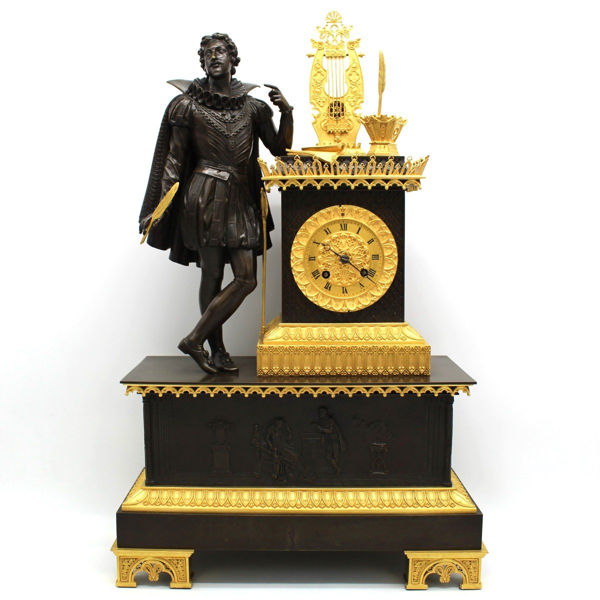 Ancien Horloge Pendule Gothique d'époque Empire en bronze dorè (H.58) - 19ème-photo-2