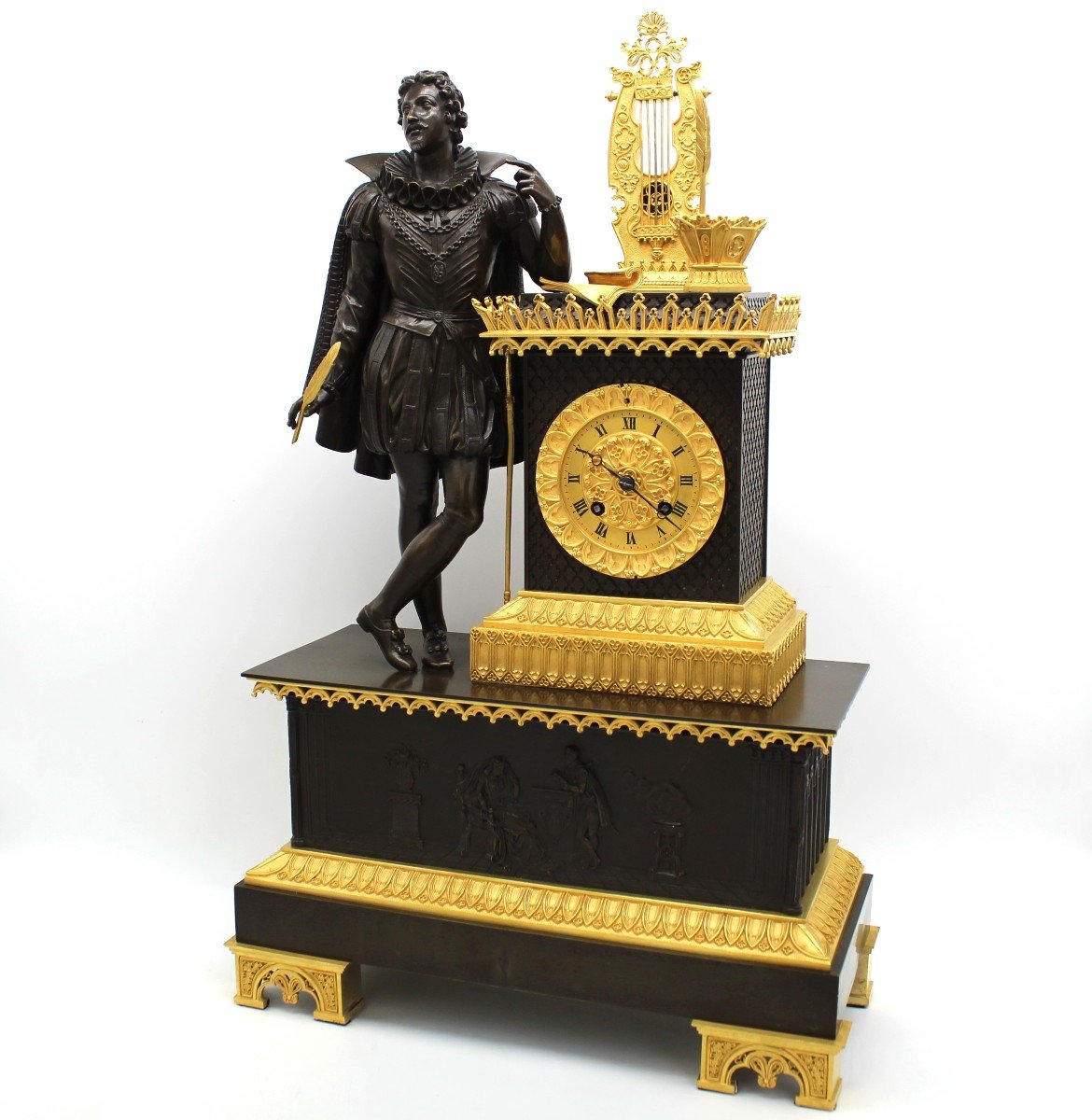 Ancien Horloge Pendule Gothique d'époque Empire en bronze dorè (H.58) - 19ème-photo-3