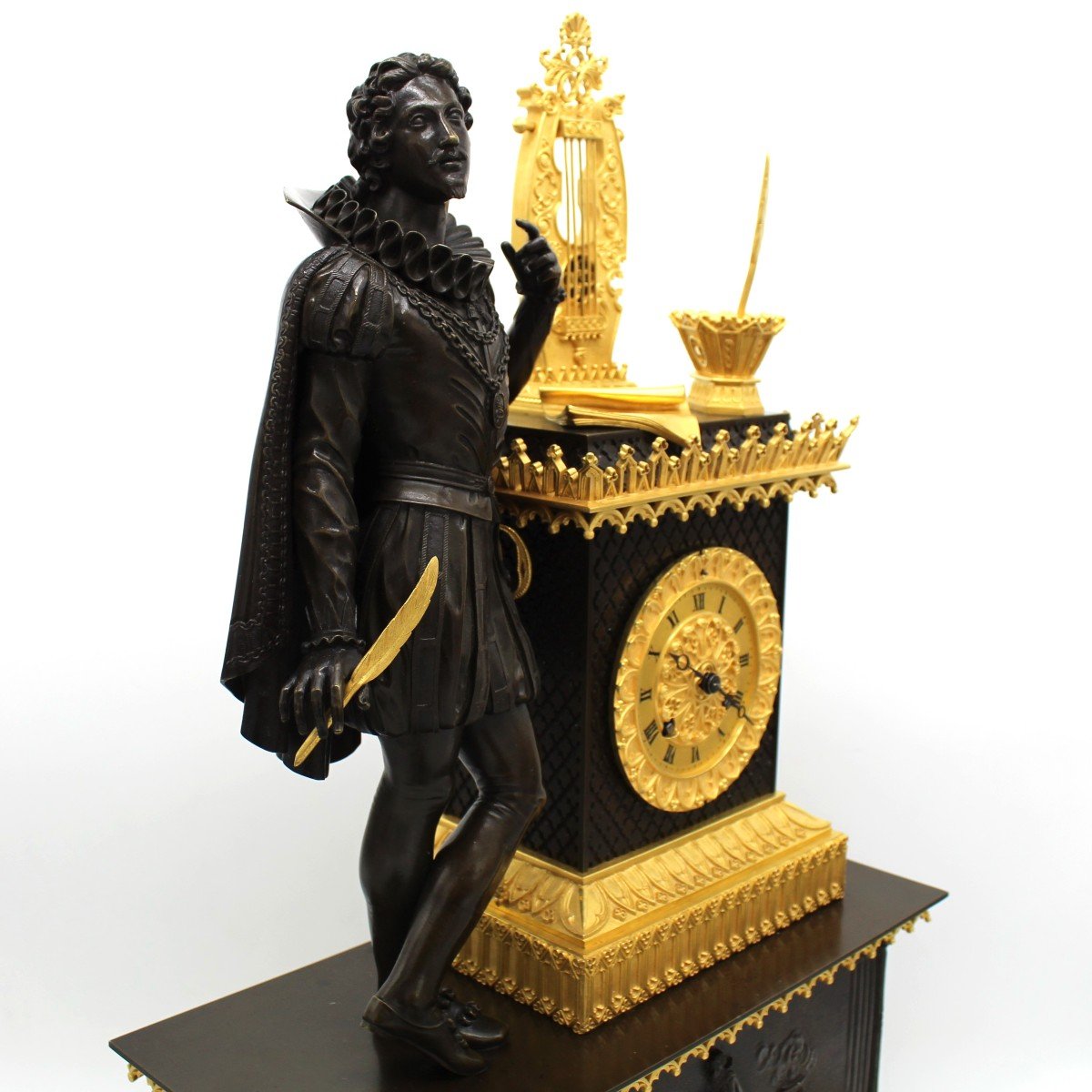 Ancien Horloge Pendule Gothique d'époque Empire en bronze dorè (H.58) - 19ème-photo-2