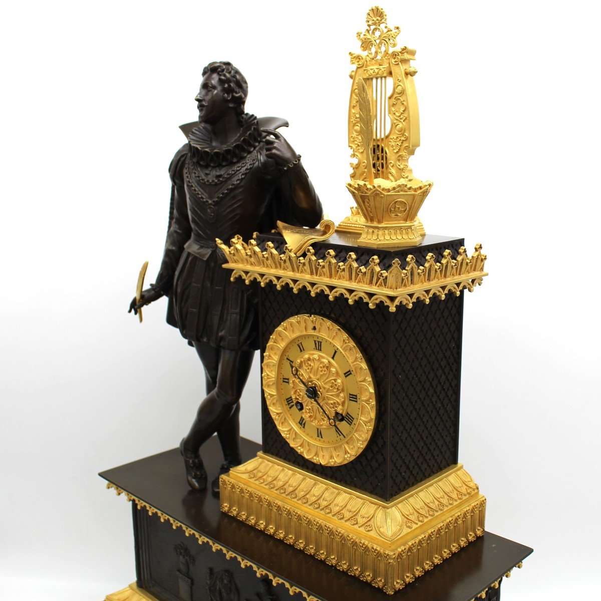 Ancien Horloge Pendule Gothique d'époque Empire en bronze dorè (H.58) - 19ème-photo-4