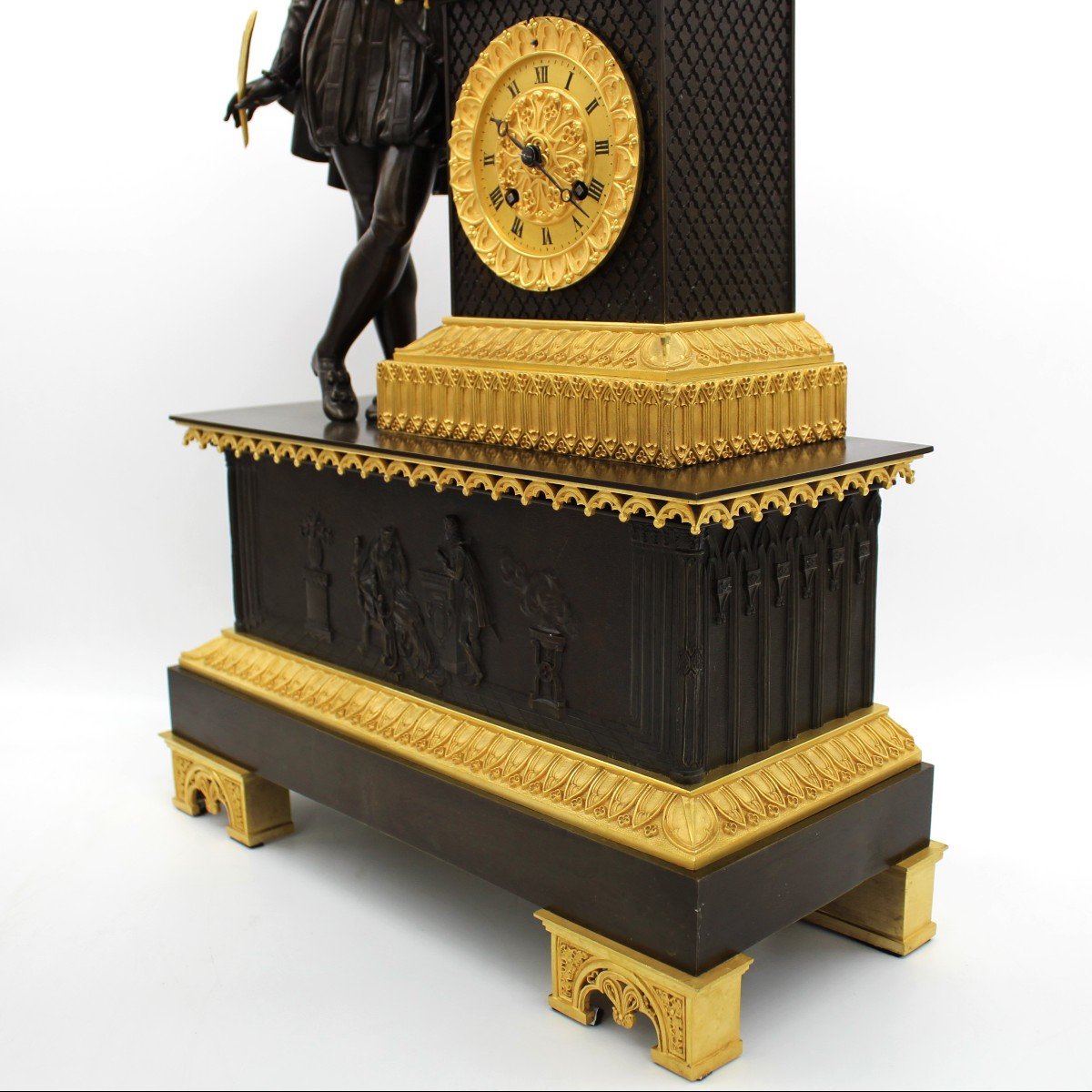 Ancien Horloge Pendule Gothique d'époque Empire en bronze dorè (H.58) - 19ème-photo-5
