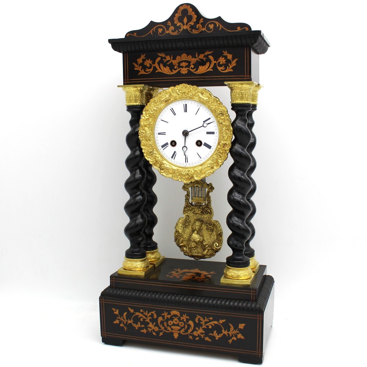 Antico Orologio a Pendolo Portico Napoleone III intarsiato (H.50) - 19°secolo-photo-3