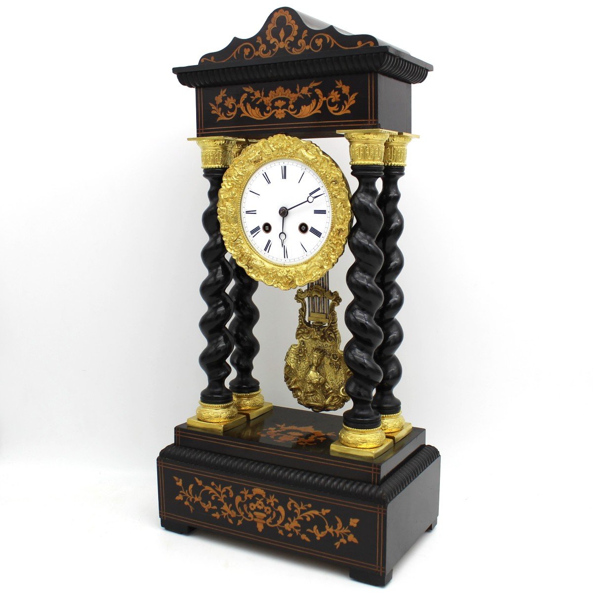 Antico Orologio a Pendolo Portico Napoleone III intarsiato (H.50) - 19°secolo-photo-1