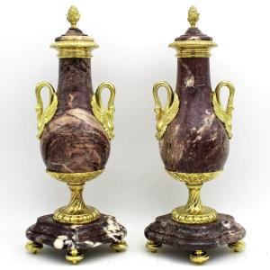 Antica coppia Vasi Napoleone III in bronzo dorato e marmo - 19°secolo