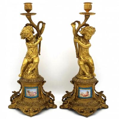 Antica Coppia di Candelieri Candelabri Napoleone III in bronzo dorato e porcellane dipinte - 19°secolo