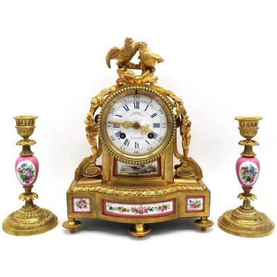 Ancien Garniture-Horloge Pendule et paire Chandeliers Napoleon III bronze doré Porcelaine 19ème