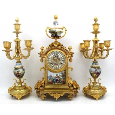 Antico Orologio a Pendolo con Candelabri Napoleone III in bronzo dorato e porcellana - 19°secolo firmato