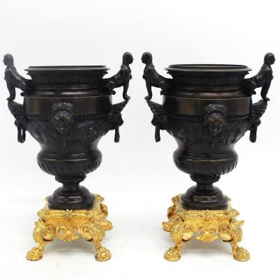 Antica coppia di Vasi Coppe Cassolettes Napoleone III in bronzo - 19°secolo
