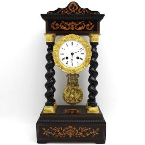 Antico Orologio a Pendolo Portico Napoleone III intarsiato (H.50) - 19°secolo