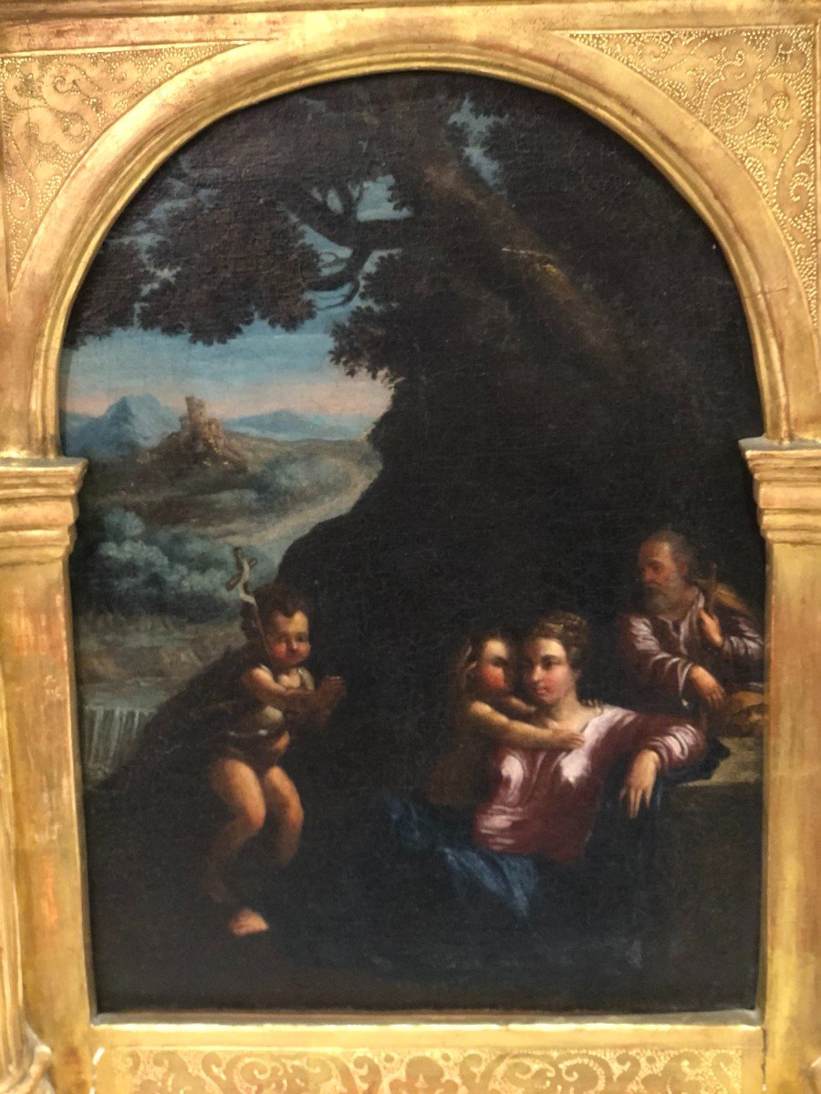 SACRA FAMIGLIA - ambito di Girolamo da Carpi - dipinto su tela XVI SECOLO-photo-2