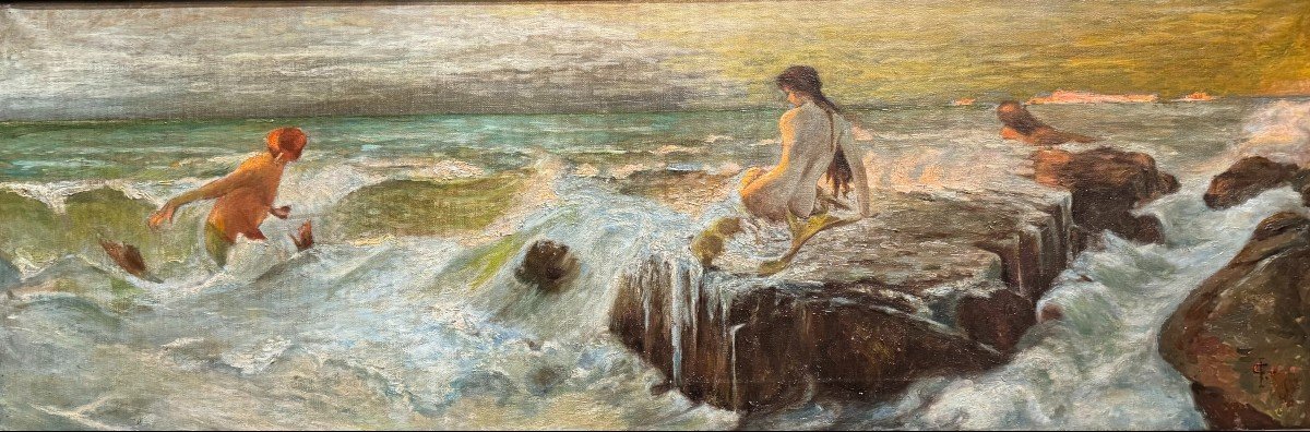 Paesaggio marino mitologico con Sirena e Tritoni, dipinto su tela B.B. KNÜPFER-photo-2