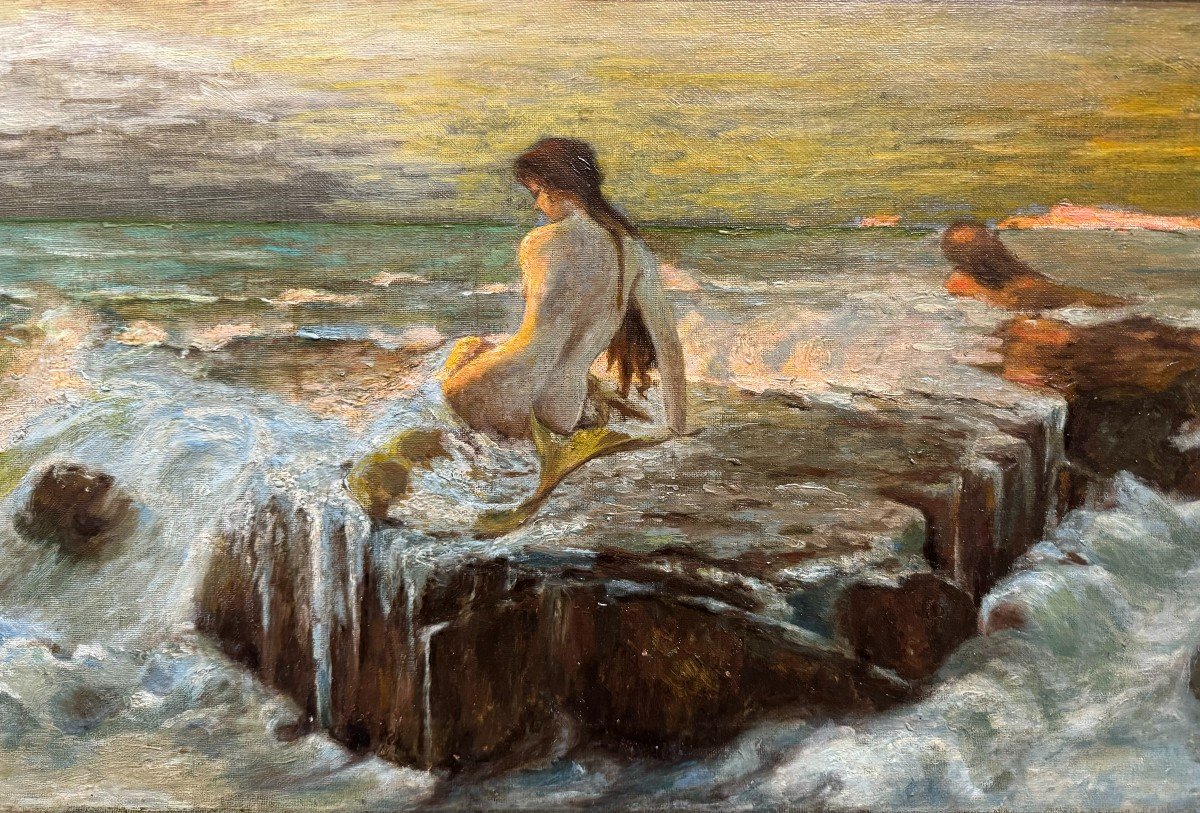 Paesaggio marino mitologico con Sirena e Tritoni, dipinto su tela B.B. KNÜPFER-photo-3