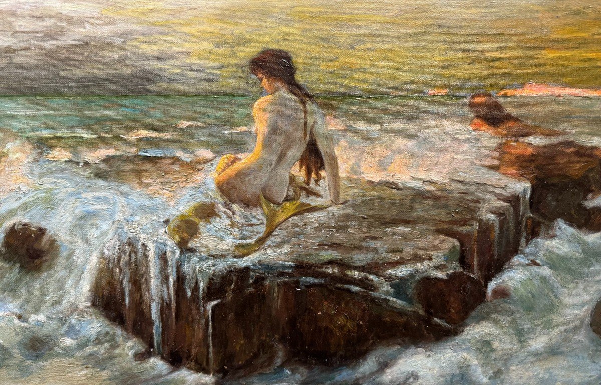 Paesaggio marino mitologico con Sirena e Tritoni, dipinto su tela B.B. KNÜPFER-photo-1