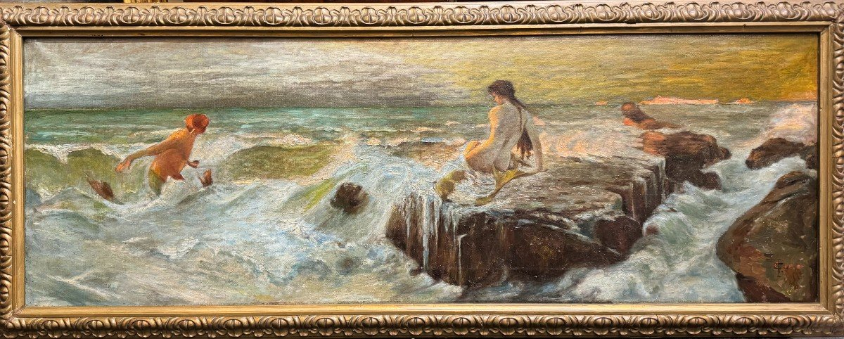 Paesaggio marino mitologico con Sirena e Tritoni, dipinto su tela B.B. KNÜPFER