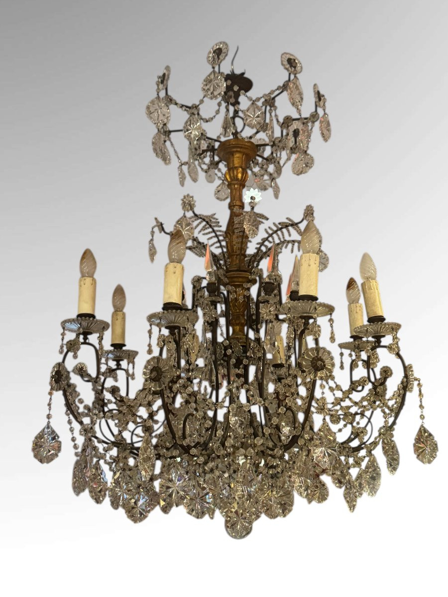 LAMPADARIO IN CRISTALLO, LEGNO E BRONZO AD 8 LUCI - XIX SECOLO-photo-3