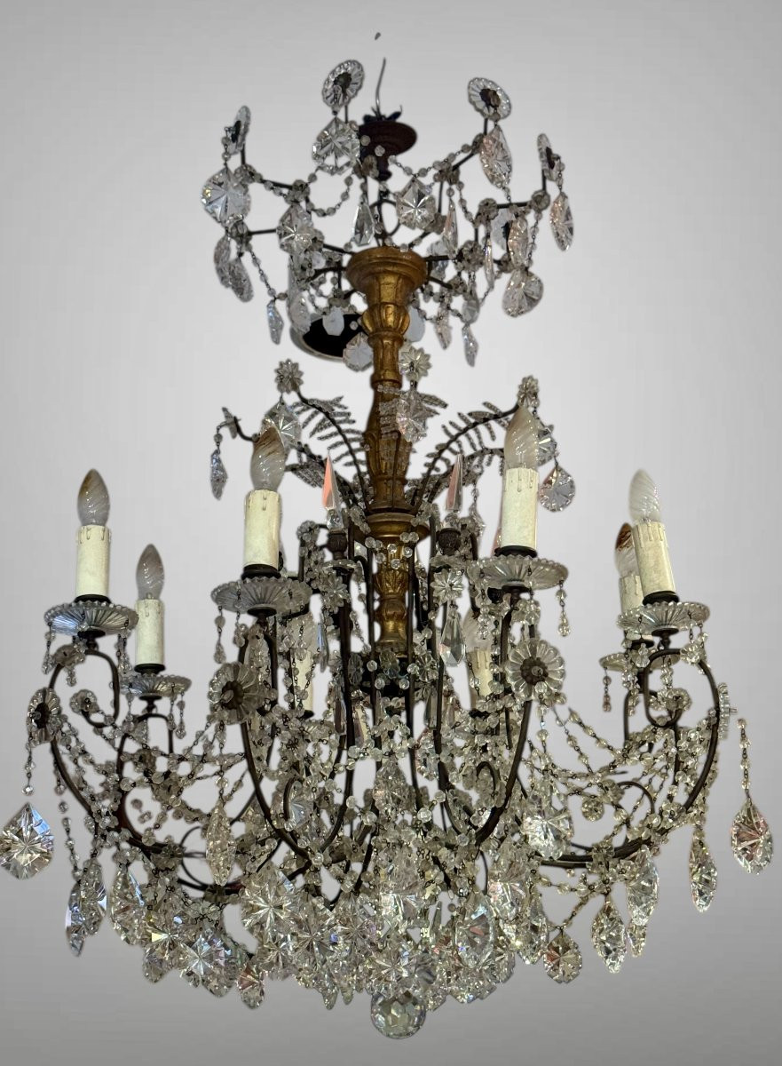 LAMPADARIO IN CRISTALLO, LEGNO E BRONZO AD 8 LUCI - XIX SECOLO-photo-4