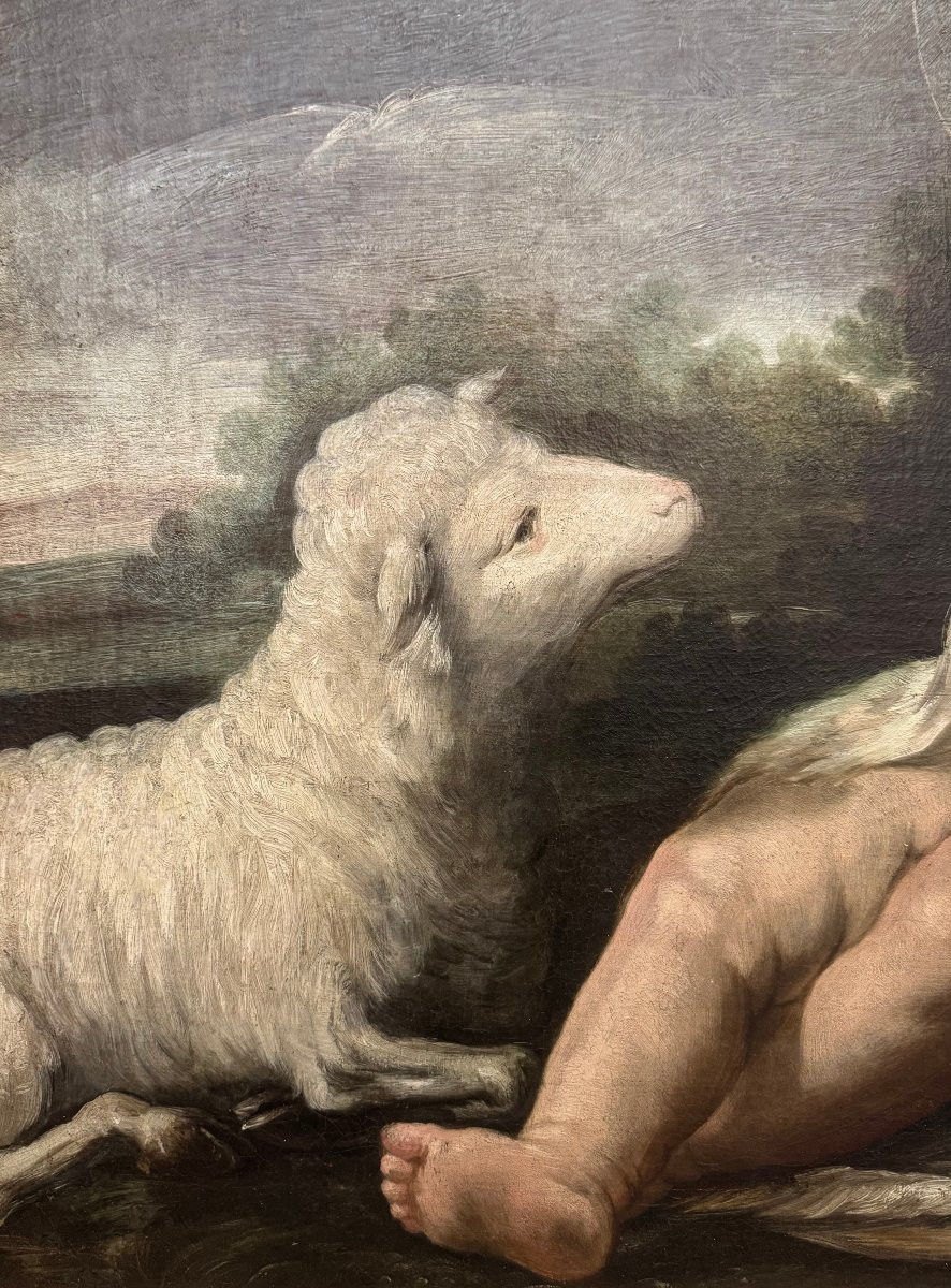San Giovanni bambino con agnello, dipinto ad olio su tela del XVII secolo-photo-2