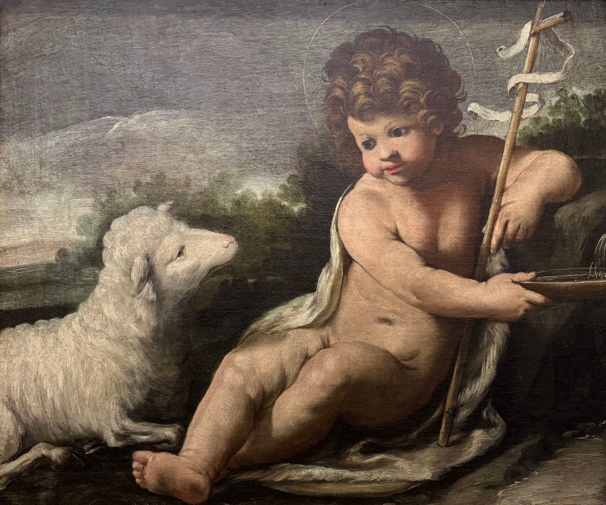 San Giovanni bambino con agnello, dipinto ad olio su tela del XVII secolo-photo-4