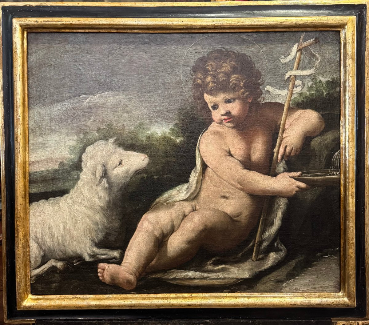 San Giovanni bambino con agnello, dipinto ad olio su tela del XVII secolo-photo-1