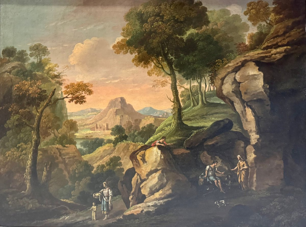 PAESAGGIO CON FIGURE - Scuola romana del XIX secolo.-photo-2