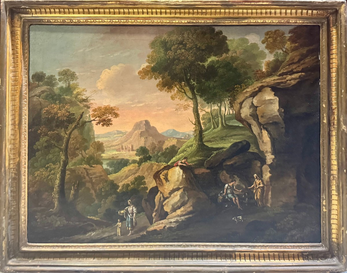 PAESAGGIO CON FIGURE - Scuola romana del XIX secolo.