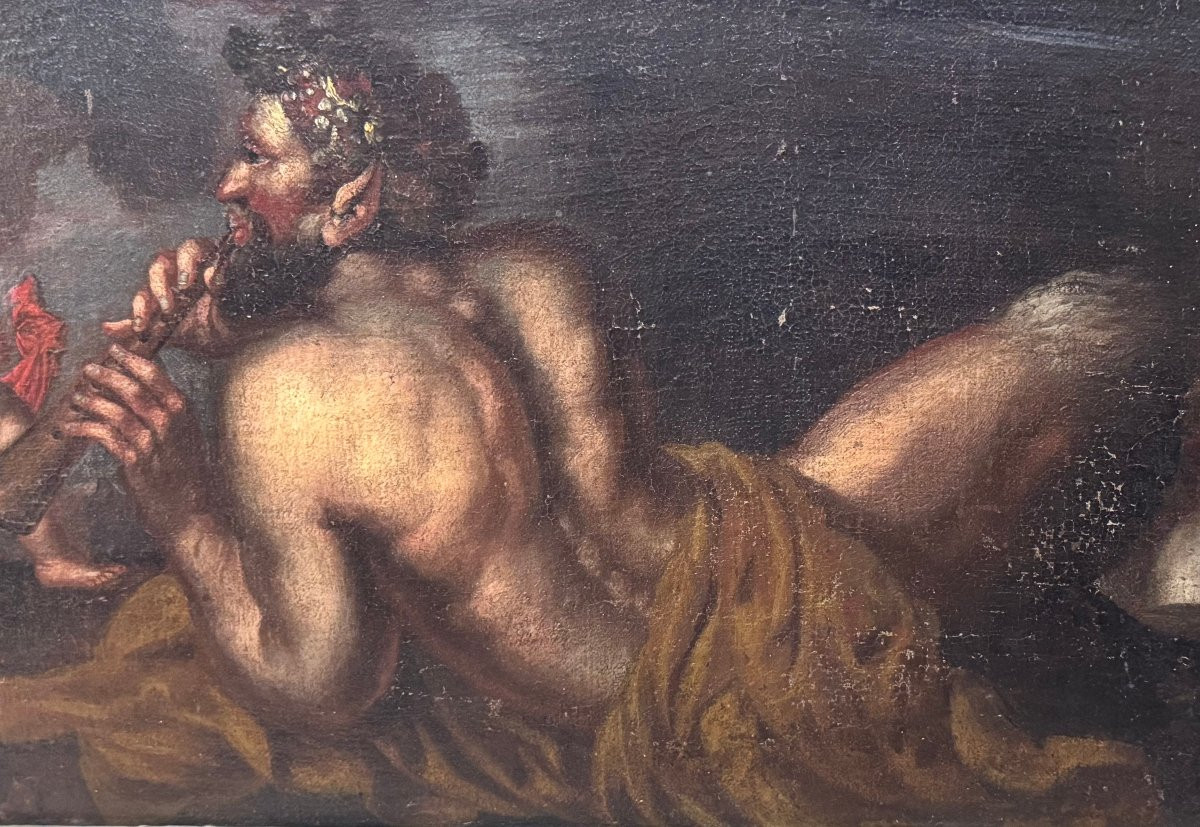 Scena Mitologica con Satiro, Putti e Natura Morta- dipinto su tela XVII secolo-photo-2