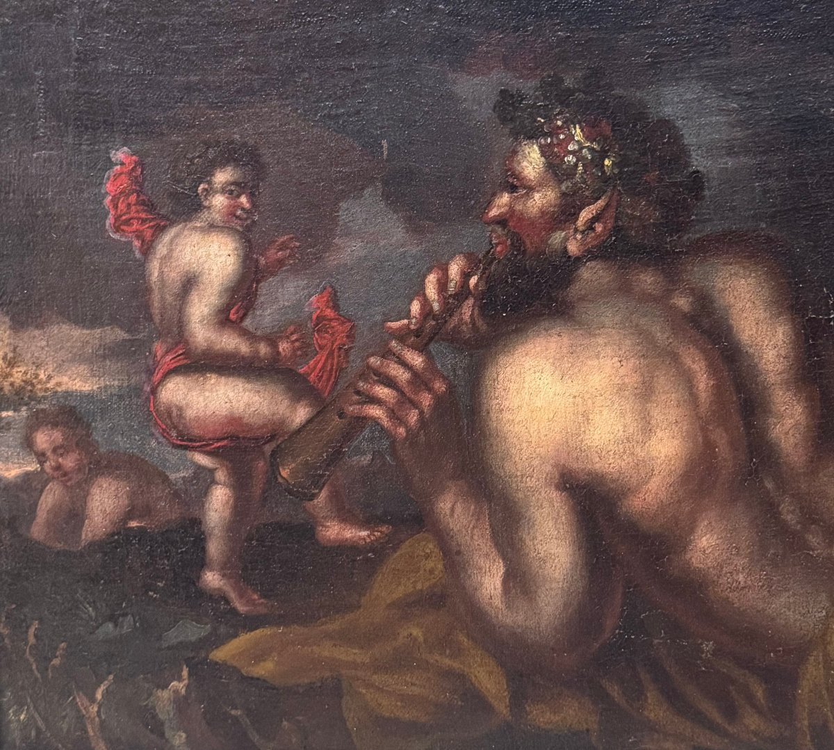 Scena Mitologica con Satiro, Putti e Natura Morta- dipinto su tela XVII secolo-photo-3