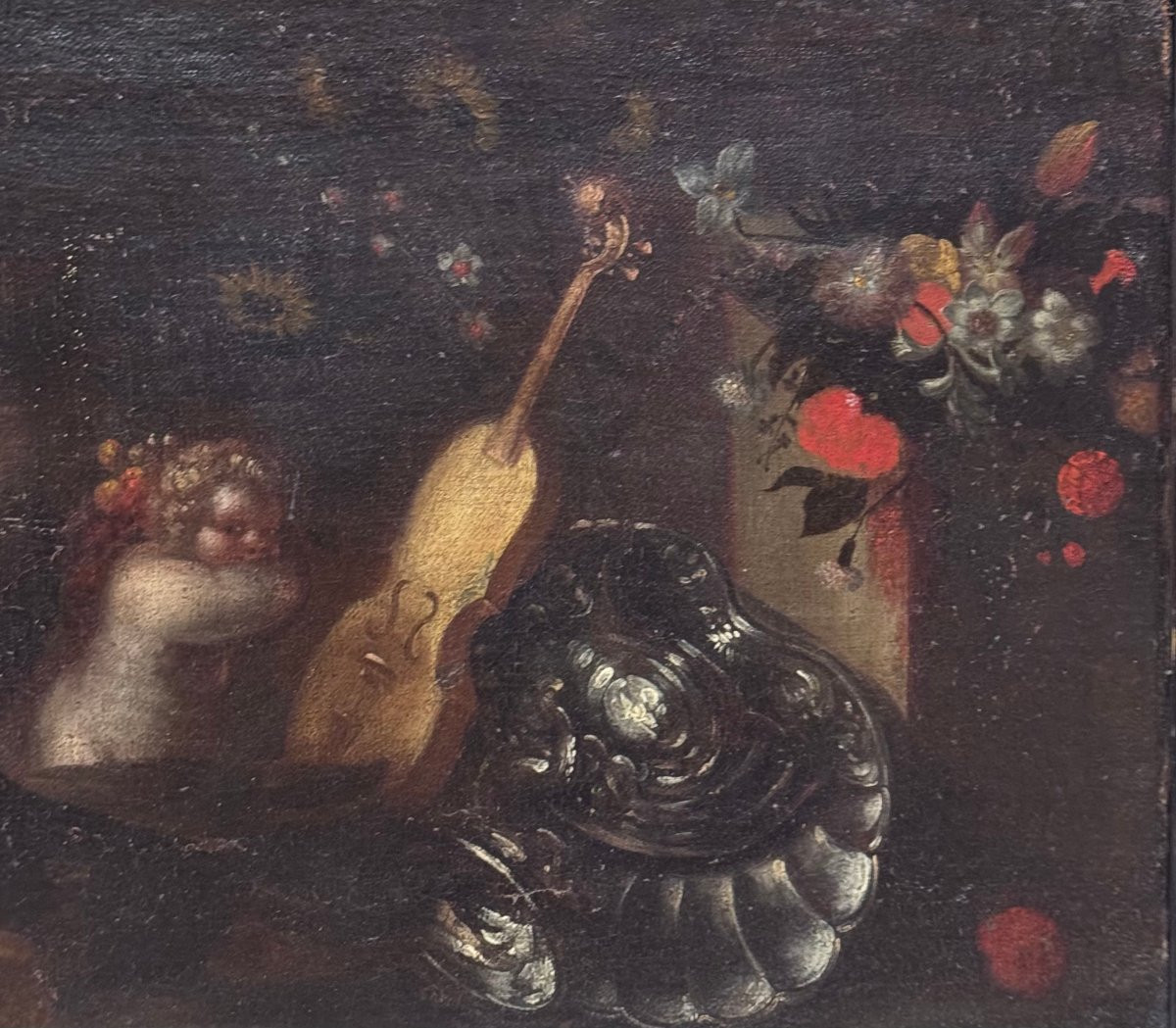 Scena Mitologica con Satiro, Putti e Natura Morta- dipinto su tela XVII secolo-photo-4