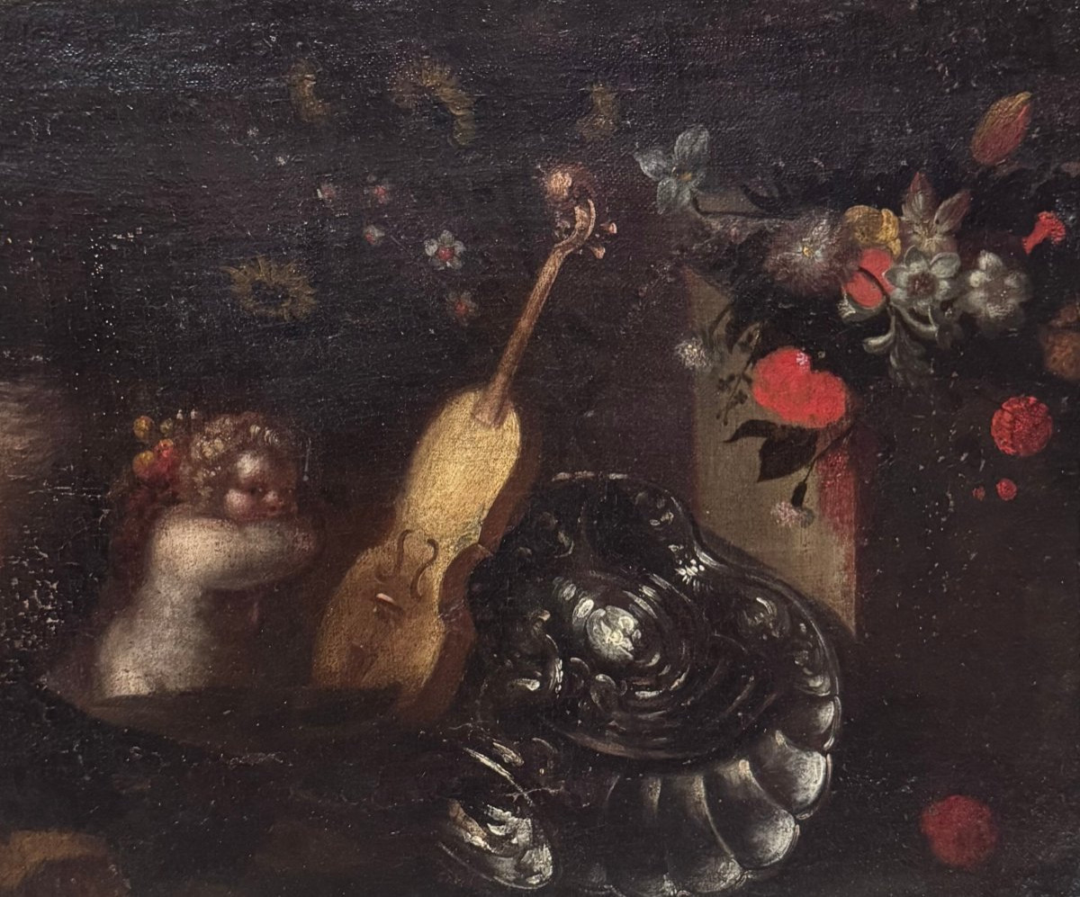 Scena Mitologica con Satiro, Putti e Natura Morta- dipinto su tela XVII secolo-photo-1