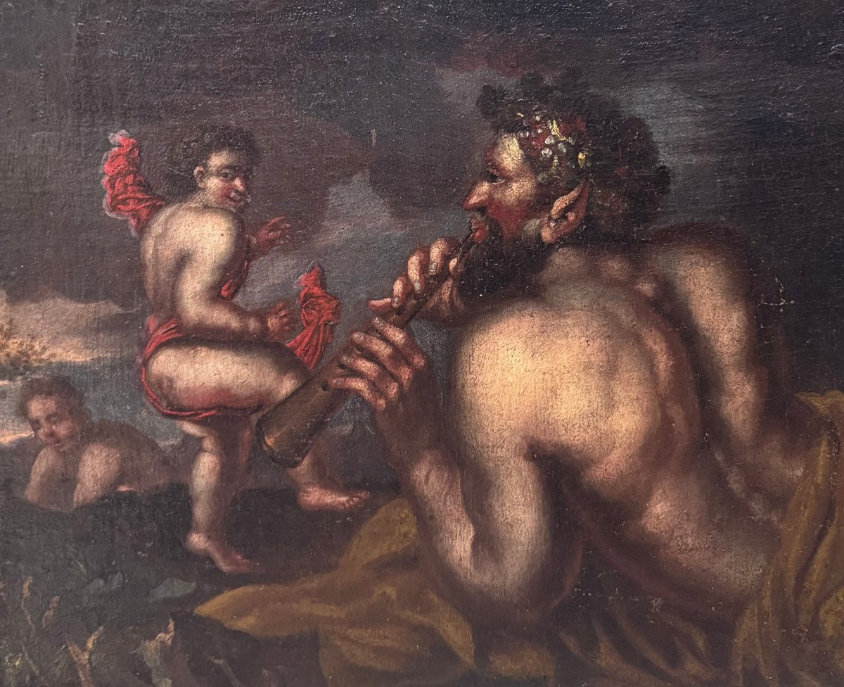 Scena Mitologica con Satiro, Putti e Natura Morta- dipinto su tela XVII secolo-photo-2