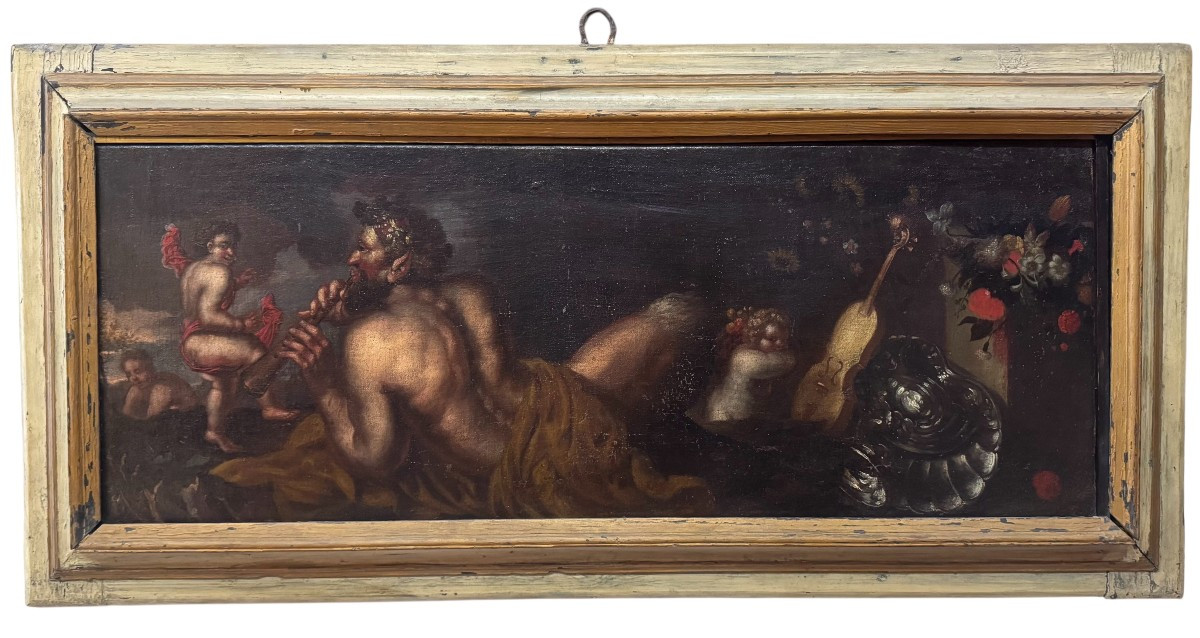 Scena Mitologica con Satiro, Putti e Natura Morta- dipinto su tela XVII secolo