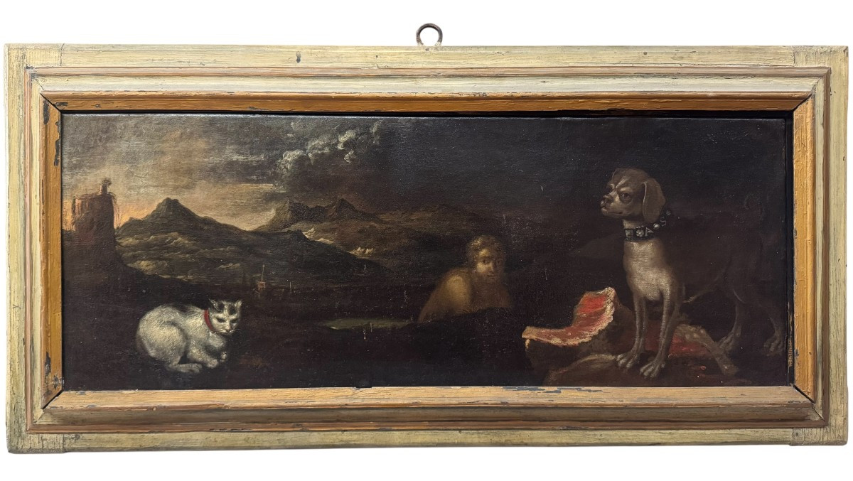 Scena mitologica o allegorica con figura maschile, cane e gatto – Dipinto su tela XVII secolo
