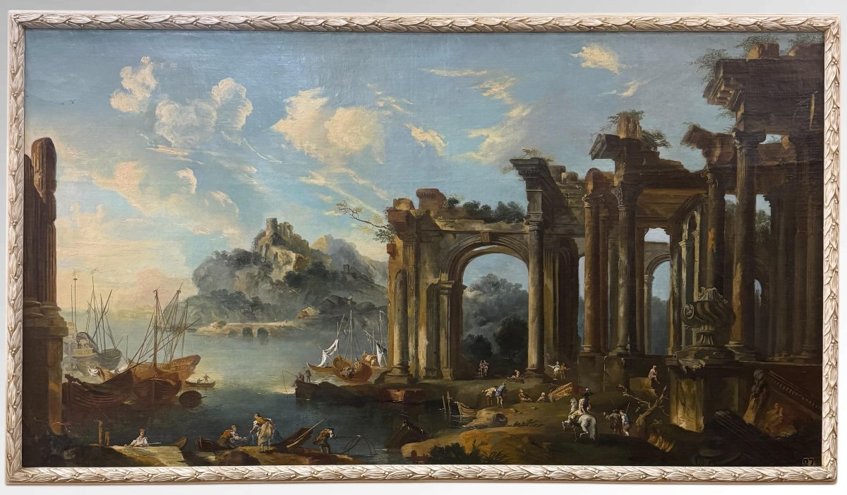 Capriccio con rovine architettoniche e veduta di porto - dipinto su tela-photo-3