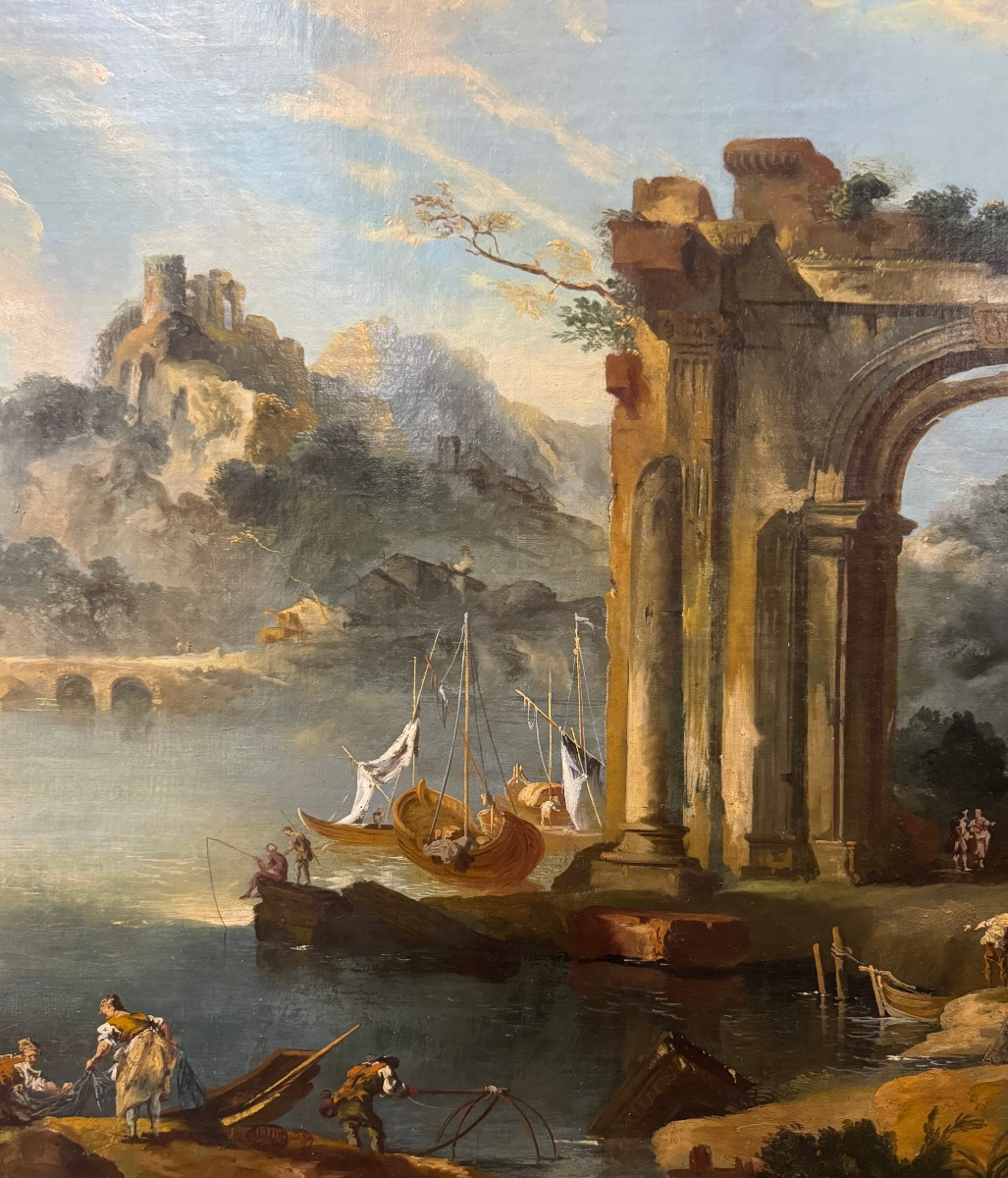 Capriccio con rovine architettoniche e veduta di porto - dipinto su tela-photo-4