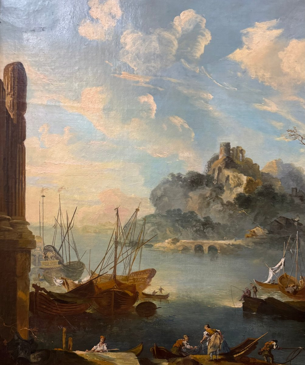 Capriccio con rovine architettoniche e veduta di porto - dipinto su tela-photo-1