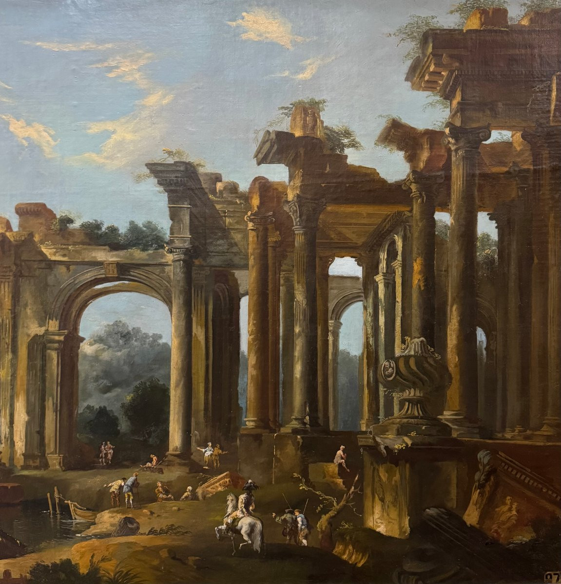 Capriccio con rovine architettoniche e veduta di porto - dipinto su tela-photo-2