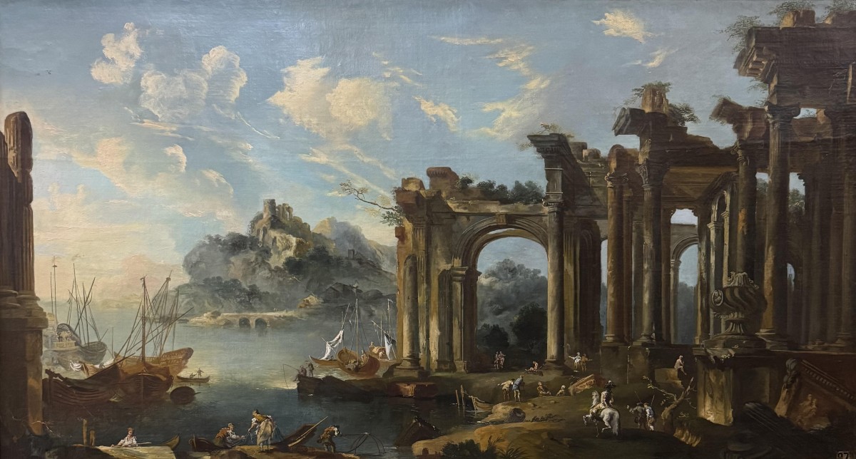 Capriccio con rovine architettoniche e veduta di porto - dipinto su tela